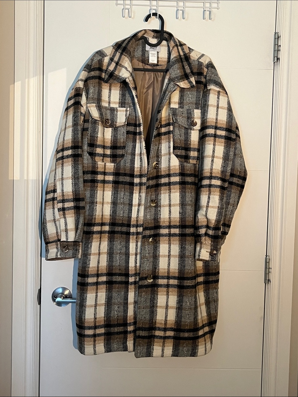 Suzy Shier Cream & Black Plaid Longline Shacket